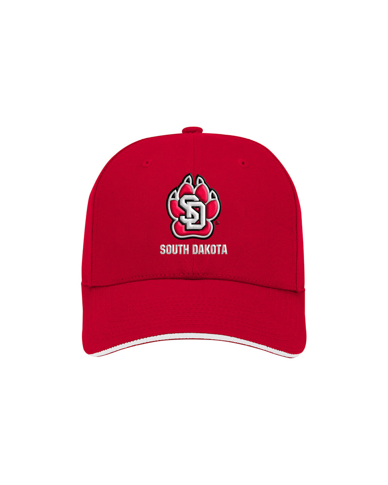 Red cap with SD Paw logo and 'South Dakota' underneath embroidered on front.