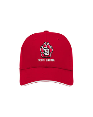 Red cap with SD Paw logo and 'South Dakota' underneath embroidered on front.