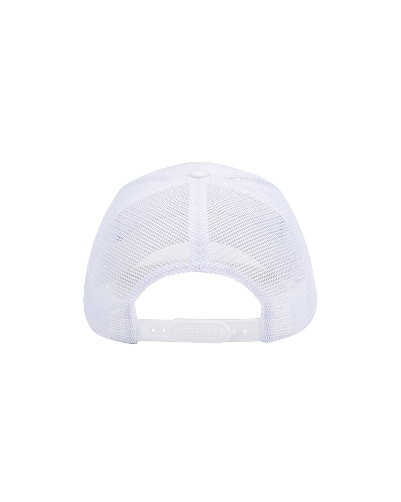 Back of white hat showing adjustable snap back. 