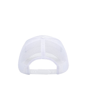 Back of white hat showing adjustable snap back. 