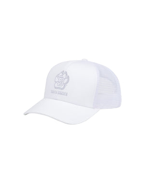 Left side view of white hat with tonal white SD Paw logo decoration and 'SOUTH DAKOTA' across front.