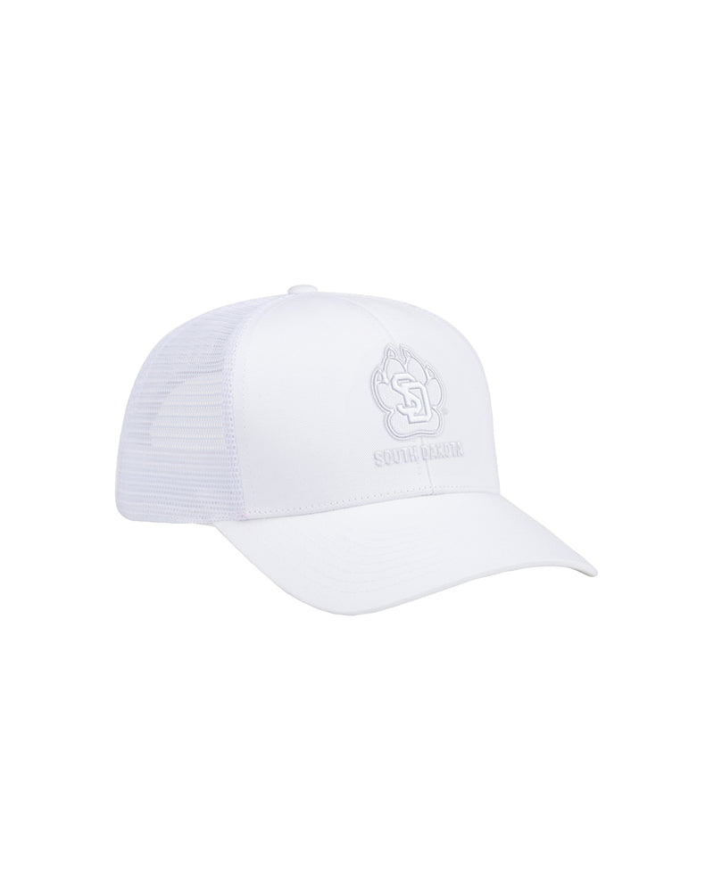 Right side of white hat with tonal white SD Paw logo decoration and 'SOUTH DAKOTA' across front.