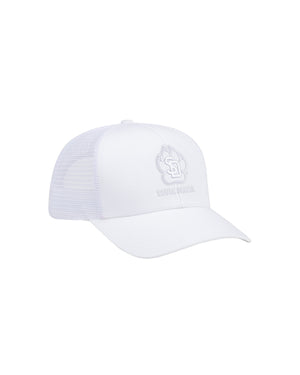 Right side of white hat with tonal white SD Paw logo decoration and 'SOUTH DAKOTA' across front.