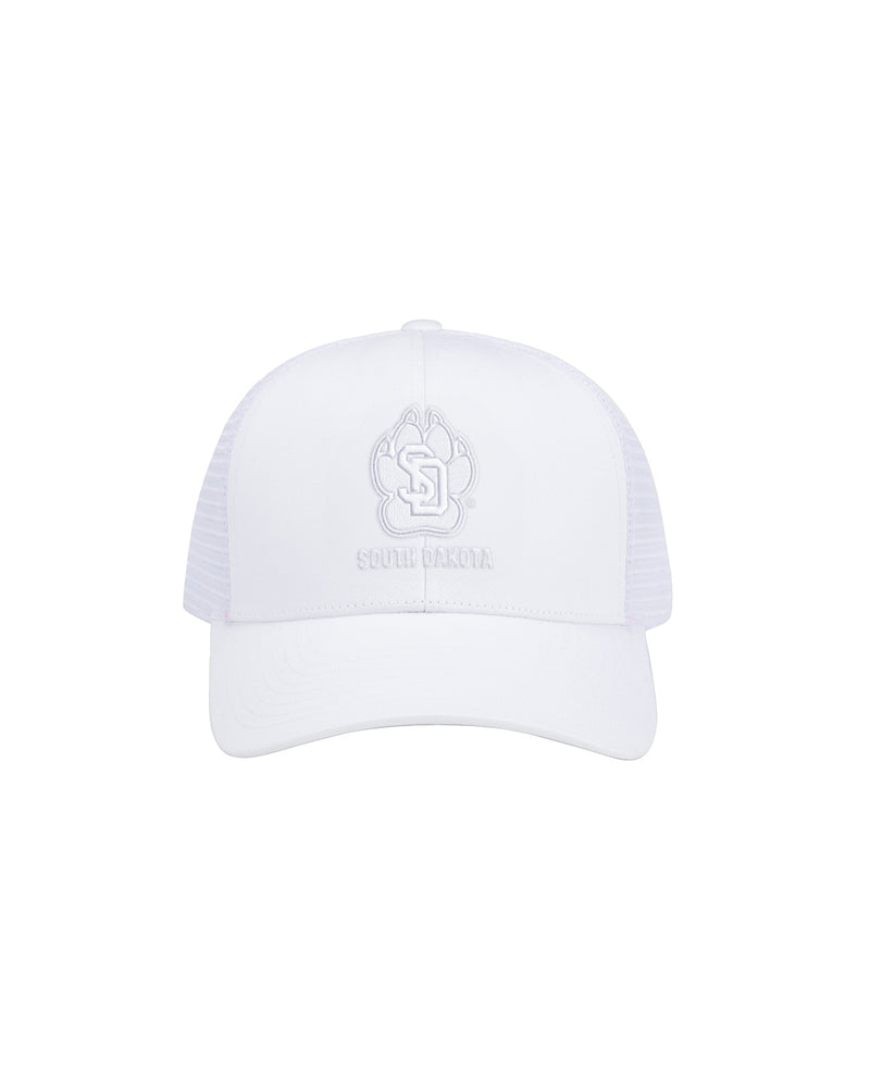 White hat with tonal white SD Paw logo decoration and 'SOUTH DAKOTA' across front.