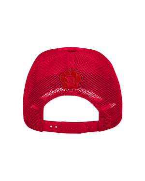 Back view of red cap showing mesh adjustable snapback.