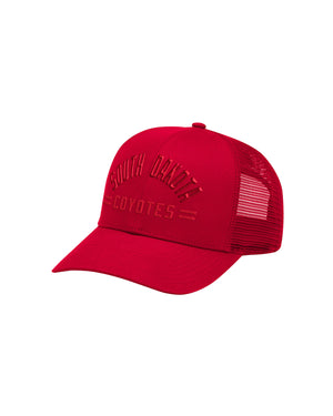 Side view of red cap with 'South Dakota Coyotes' embroidered in red across front.