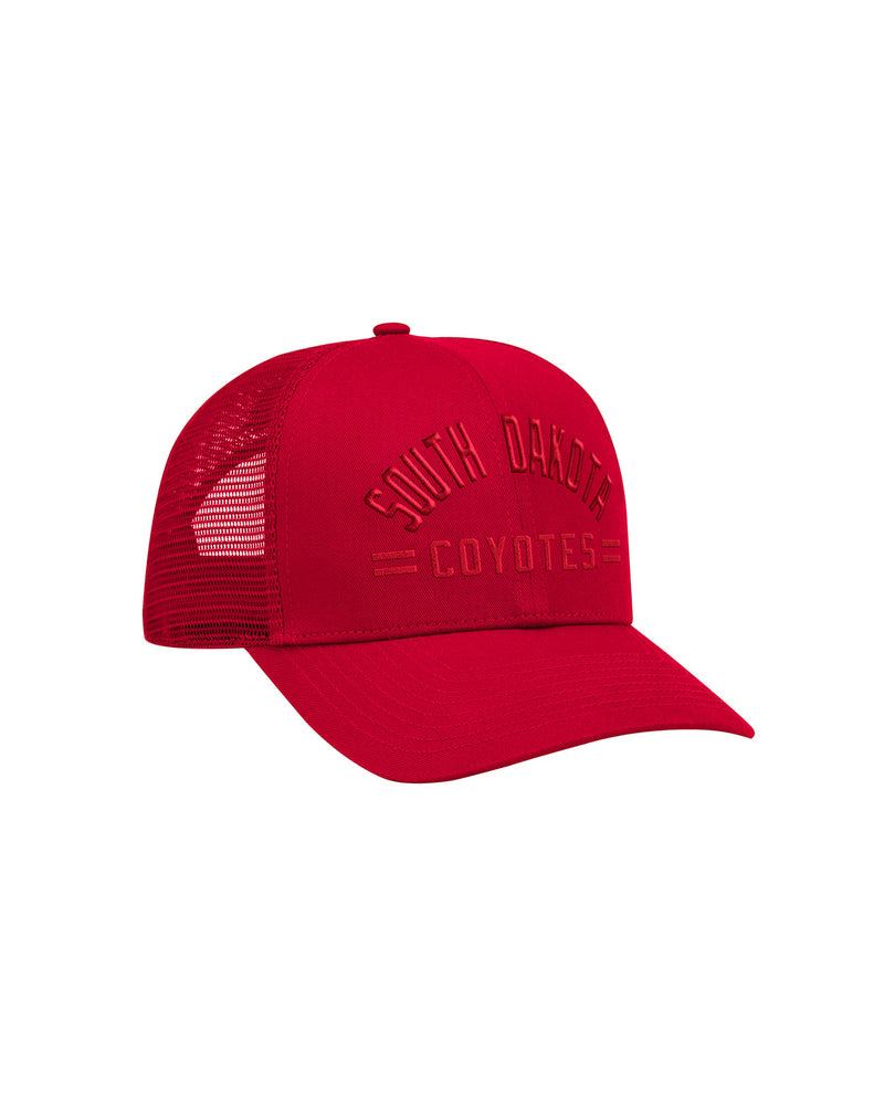 Right side view of red cap with 'South Dakota Coyotes' embroidered in red across front.