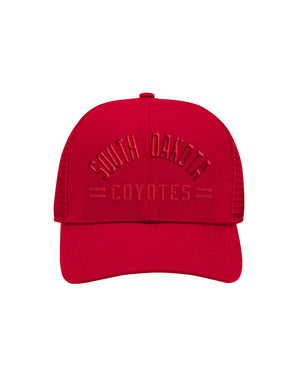 Red cap with 'South Dakota Coyotes' embroidered in red across front.