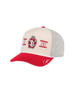 Baseball cap with red, beige, and gray color scheme with SD Paw logo at center and 18 on one side and 62 on the other, white rope and 'Coyotes' detail on bill.