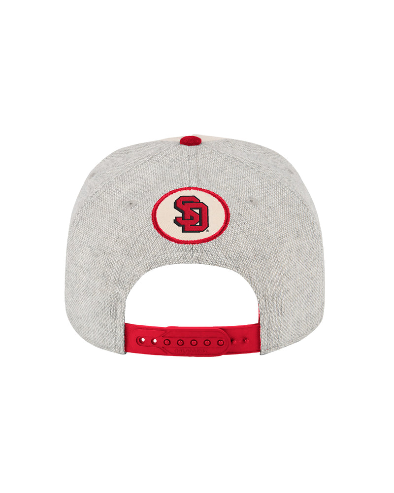 Back of hat with round patch with SD logo in it above adjustable snap back.