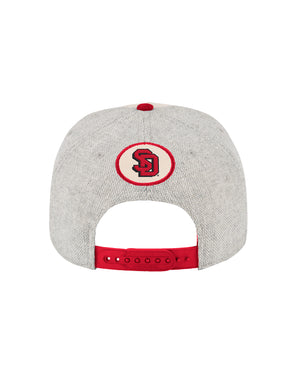 Back of hat with round patch with SD logo in it above adjustable snap back.