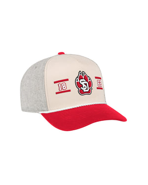 Baseball cap with red, beige, and gray color scheme with SD Paw logo at center and 18 on one side and 62 on the other, white rope and 'Coyotes' detail on bill.