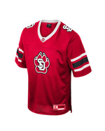 Red youth jersey with white and black stripes on sleeves and SD Paw logo across chest.