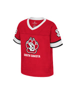 Red South Dakota toddler jersey with SD Paw logo.