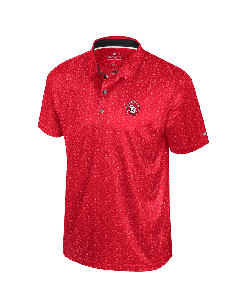 Red polo with small football icons pattern and SD Paw logo on upper left chest.