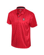 Red polo with small football icons pattern and SD Paw logo on upper left chest.