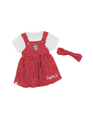 Heathered red suspender style dress with SD Paw logo on chest and word, 'Coyotes' on bottom of skirt and white undershirt and red headband bow included