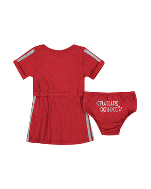 Back of girls' red infant dress set with, 'FUTURE COYOTE,' on back of bloomers.