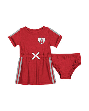 Girls' red infant dress set with silver glitter accents, white bow at waist and white heart with SD Paw on upper left chest.