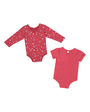 Back of red long sleeve heart and star print onesie with cross back straps on upper back and back of red short sleeve onesie.