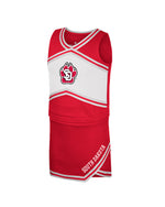 Red and white youth cheer skirt set with silver glittery accents and SD Paw logo across chest and, 'SOUTH DAKOTA,' on skirt.