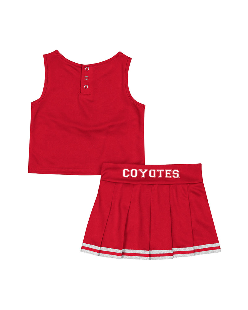 Back of ed and white toddler cheer dress set with silver glitter accents and, 'COYOTES,' across skirt band.