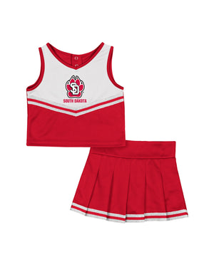 Red and white toddler cheer dress set with silver glitter accents and SD Paw logo across chest.