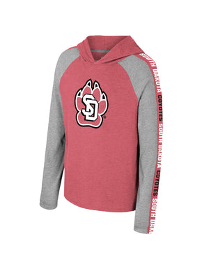 Boys hooded tee with heather red body and hood and heather gray sleeves with red stripe down the arm that says,' SOUTH DAKOTA COYOTES,' in red and black. Large SD Paw logo across chest.