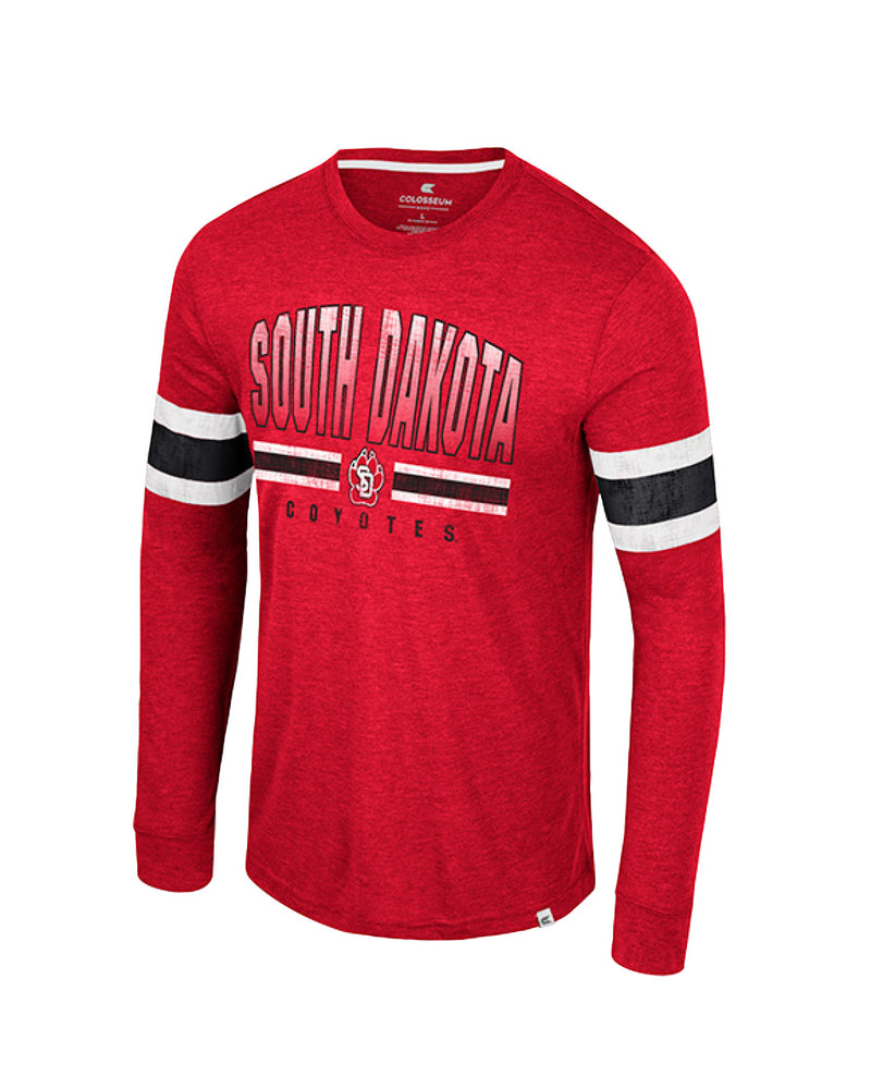 Heathered red long sleeve with black and white arm stripes and words, 'South Dakota Coyotes' across the chest with the SD Paw logo