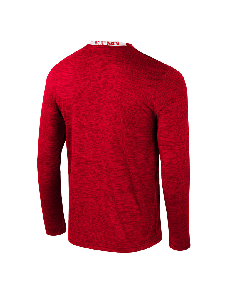 Back of red Colosseum Men's long sleeve tee with, 'SOUTH DAKOTA' across back neckline in red with white background.