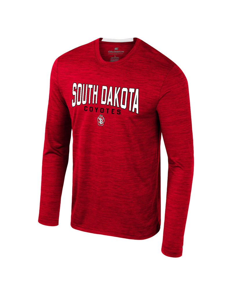 Red Colosseum Men's Long Sleeve tee with white and black, 'SOUTH DAKOTA COYOTES' across chest and SD Paw logo small underneath.