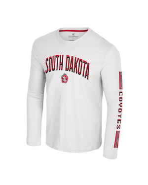 Men's long-sleeve white tee with red and black, 'SOUTH DAKOTA' across chest and red and black lines down left sleeve with, 'COYOTES.'