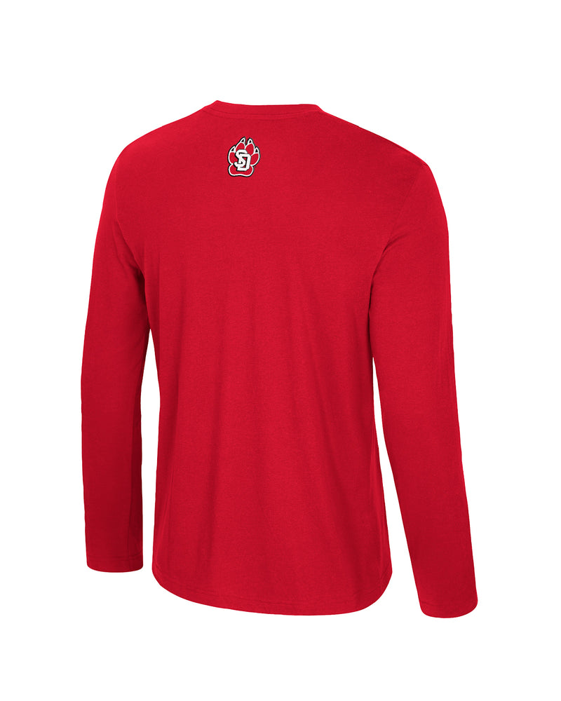 Back of red long-sleeve shirt with SD Paw logo on upper back area. 