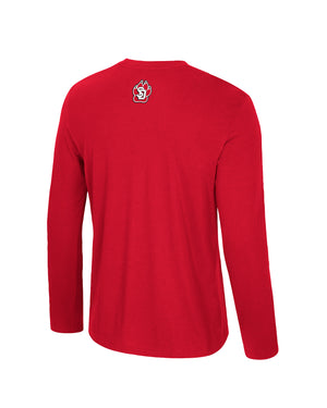 Back of red long-sleeve shirt with SD Paw logo on upper back area. 