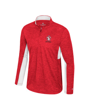 Red and white long-sleeve quarter zip with SD Paw logo with 'SOUTH DAKOTA' underneath on upper left chest.