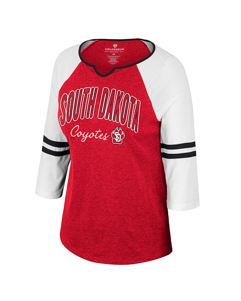 Red tee with a white 3/4 sleeves with black stripes and South Dakota Coyotes lettering on chest.