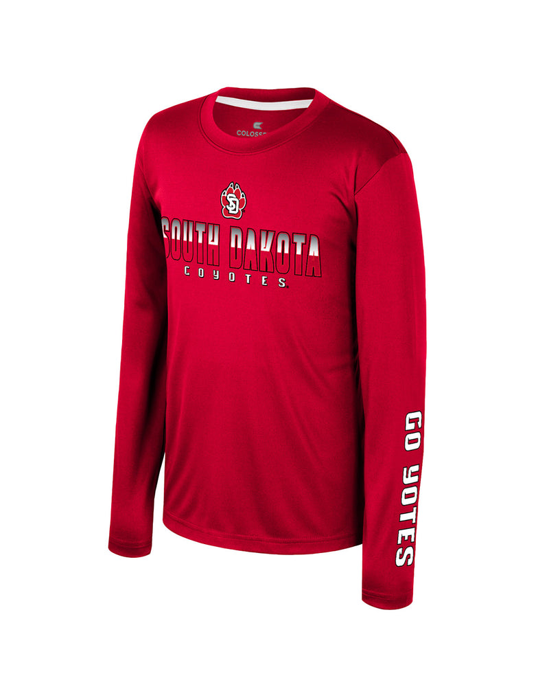 Boys red long sleeve with SD Paw logo and, 'SOUTH DAKOTA COYOTES,' and ,'GO YOTES' on sleeve.