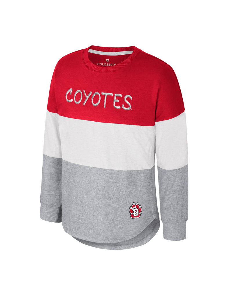 Youth girls long-sleeve tee with top third in red, middle third white and bottom third gray with SD Paw logo at bottom left hem and 'COYOTES,' across chest in silver. 