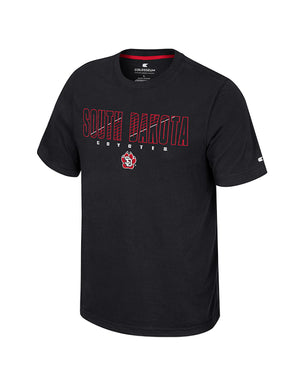 Short sleeve black tee with red South Dakota Coyotes lettering and SD paw logo