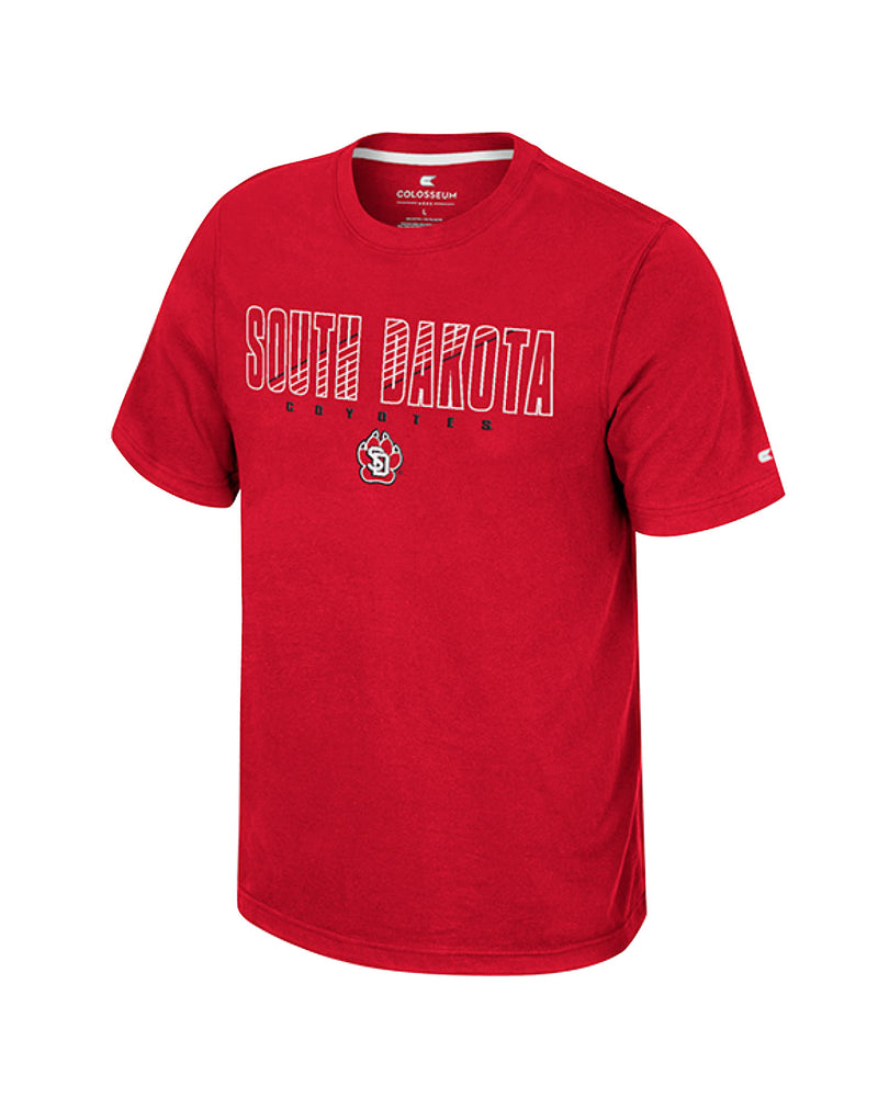 Red short sleeve tee with white South Dakota lettering and SD paw logo