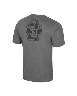 Back of gray poly blend tee with large tonal SD Paw logo.