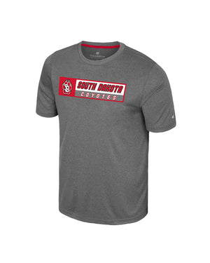 Gray Poly Blend tee with SD Paw logo and 'SOUTH DAKOTA COYOTES' in red and white.