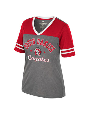 Gray tee with red sleeves with white stripes and South Dakota Coyotes on chest.