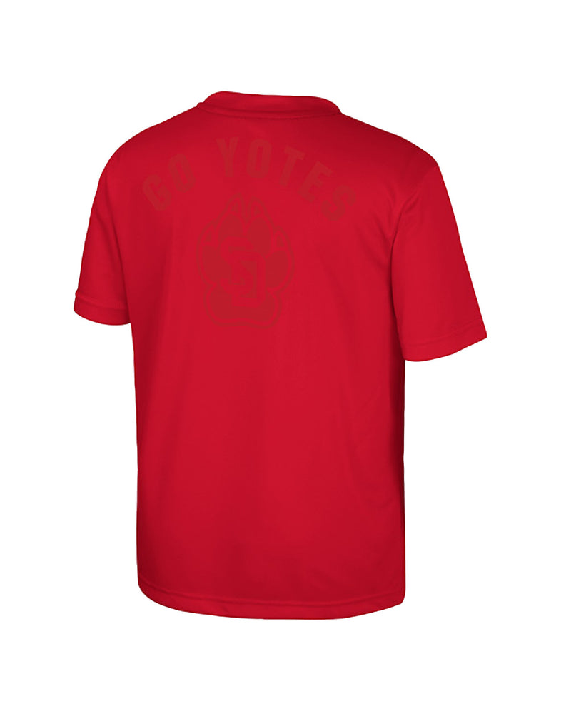 Red short sleeve tee with red Go Yotes and SD paw on back of shirt 