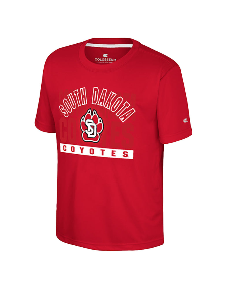 Red short sleeve with with South Dakota Coyotes lettering and SD paw on chest 