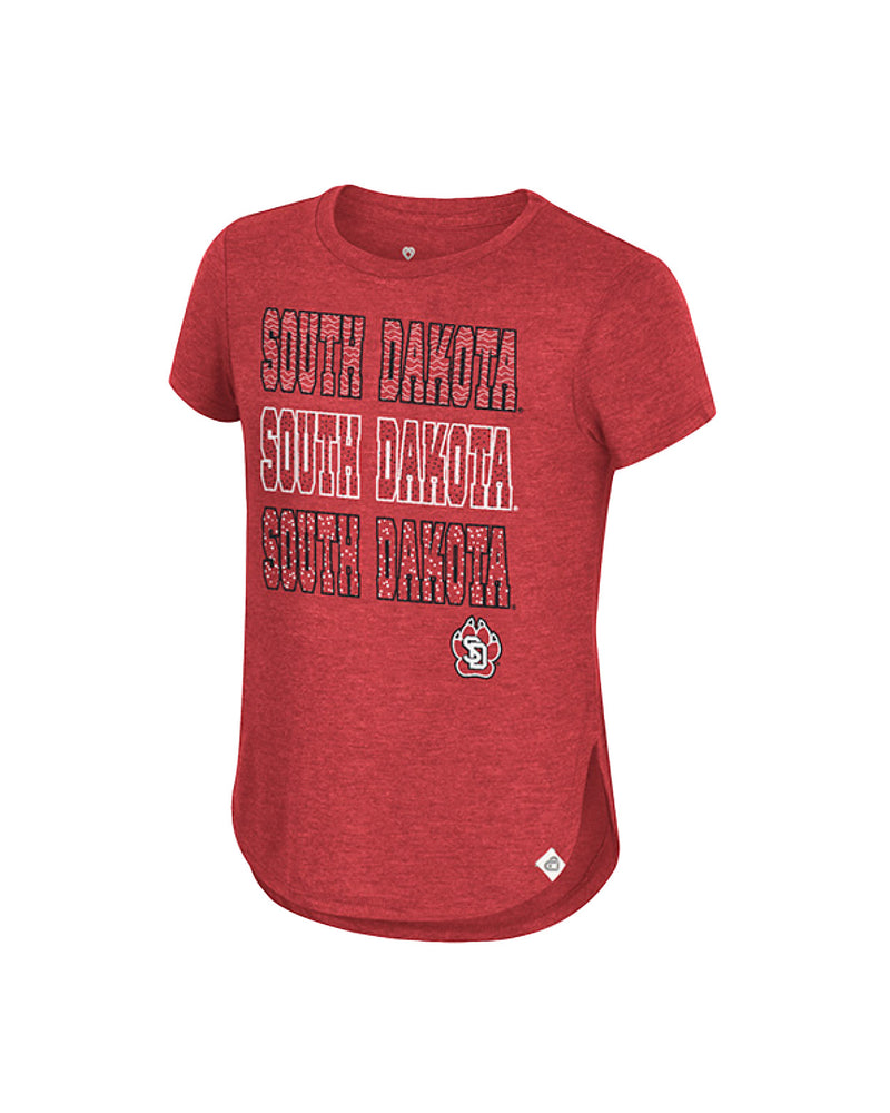 
                
                    Load image into Gallery viewer, Youth heathered red short sleeve tee with words, &amp;#39;SOUTH DAKOTA&amp;#39; repeated stacked three times and SD paw logo
                
            