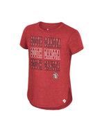 Youth heathered red short sleeve tee with words, 'SOUTH DAKOTA' repeated stacked three times and SD paw logo