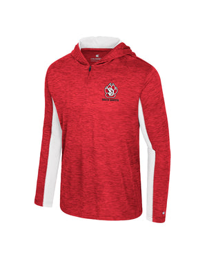 Red and white long-sleeve hoodie with SD Paw logo and 'SOUTH DAKOTA' underneath on upper left chest.
