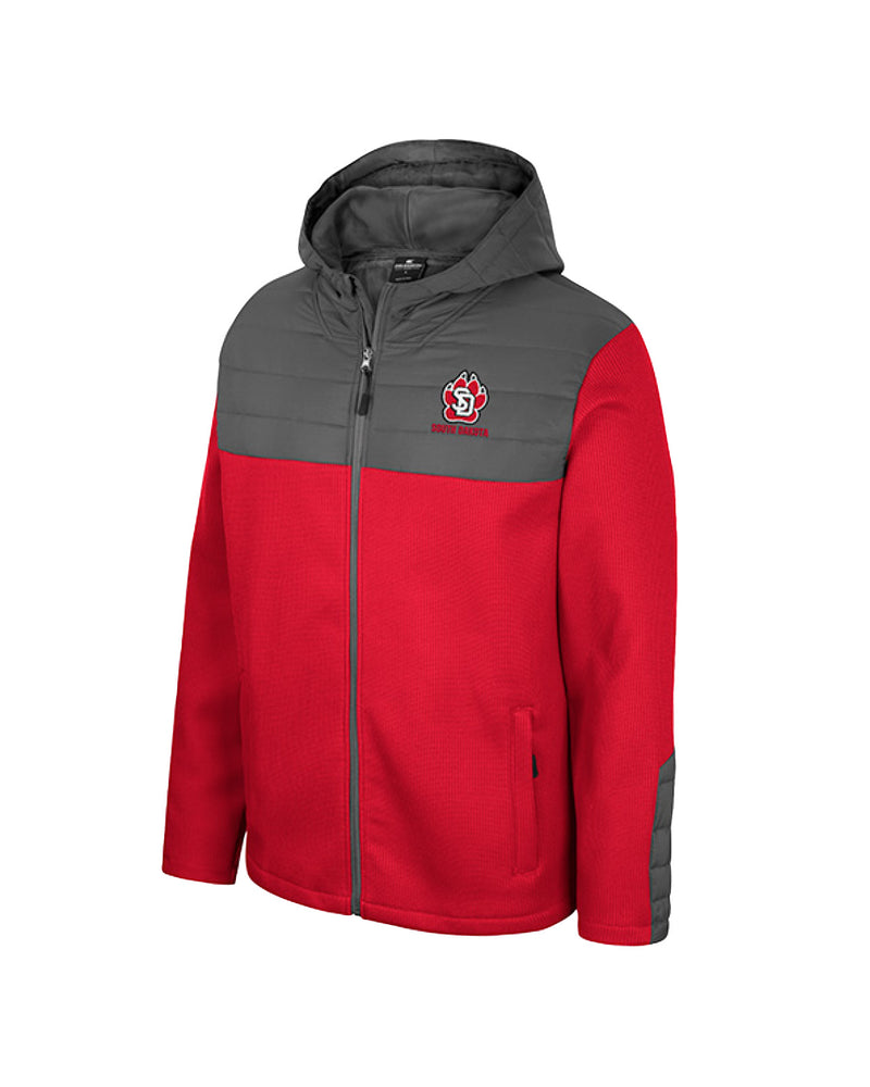 Red full zip jacket with gray hood and SD Paw logo on upper left chest.