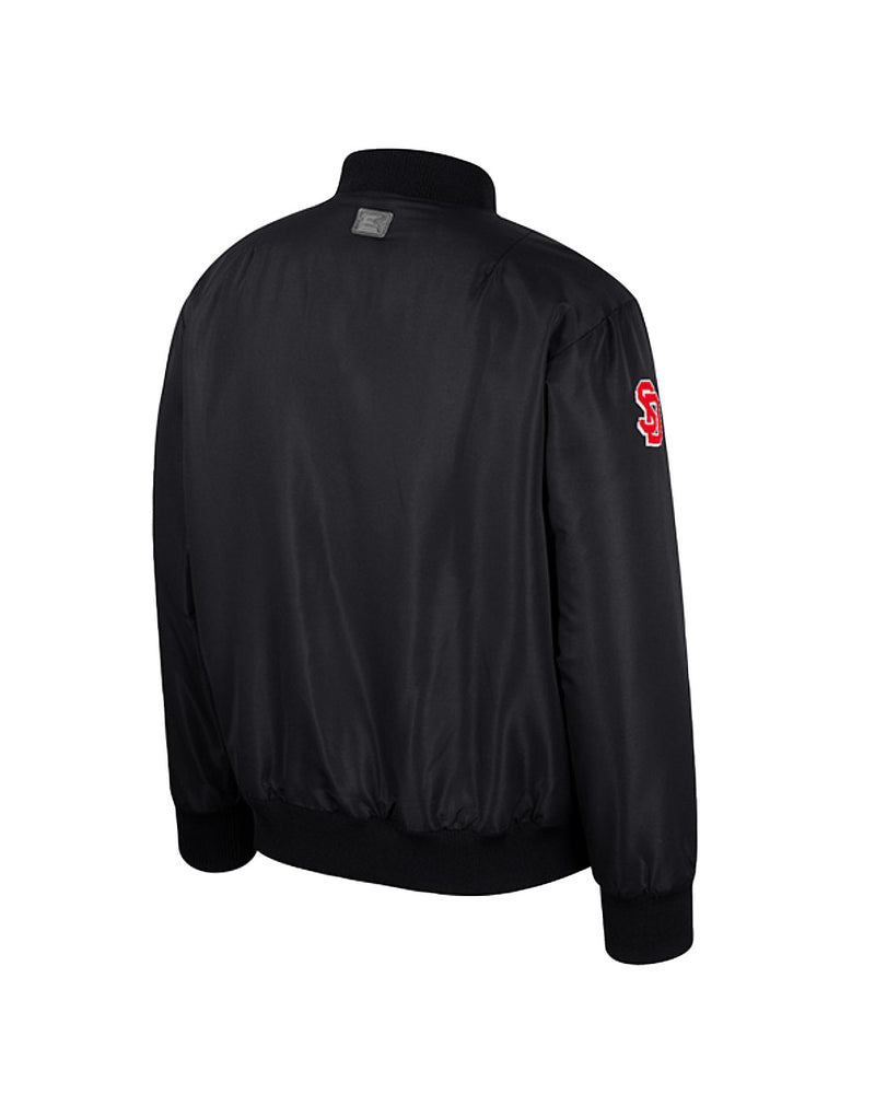 Back of black men's polyester CPU zip-up bomber jacket with red and white SD Paw logo on the upper right sleeve